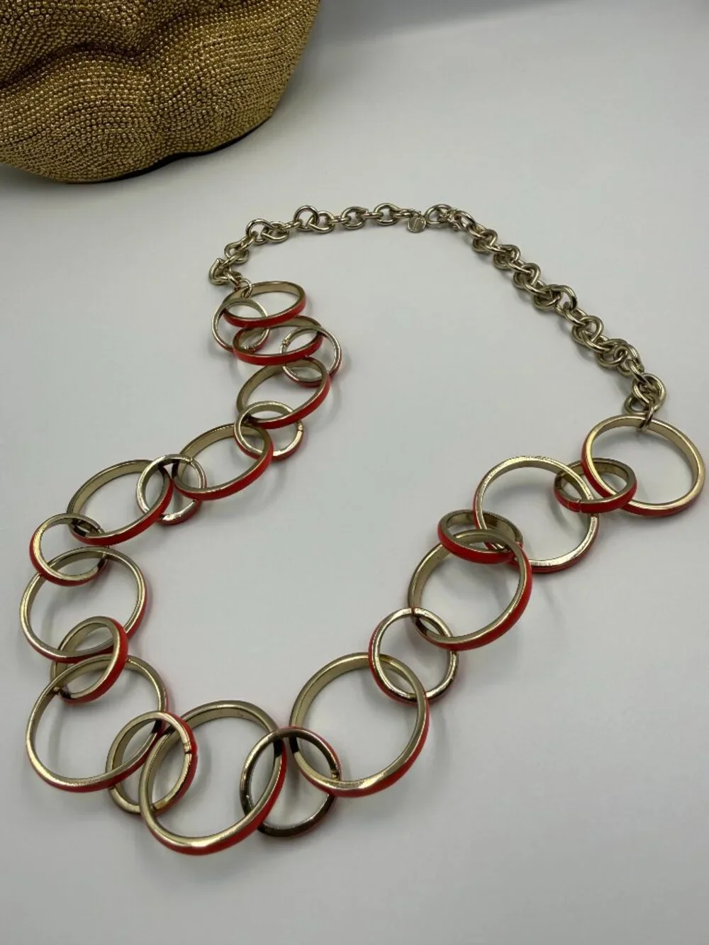 Talbots Gold Tone Coral Enamel Circle Link Statement Necklace